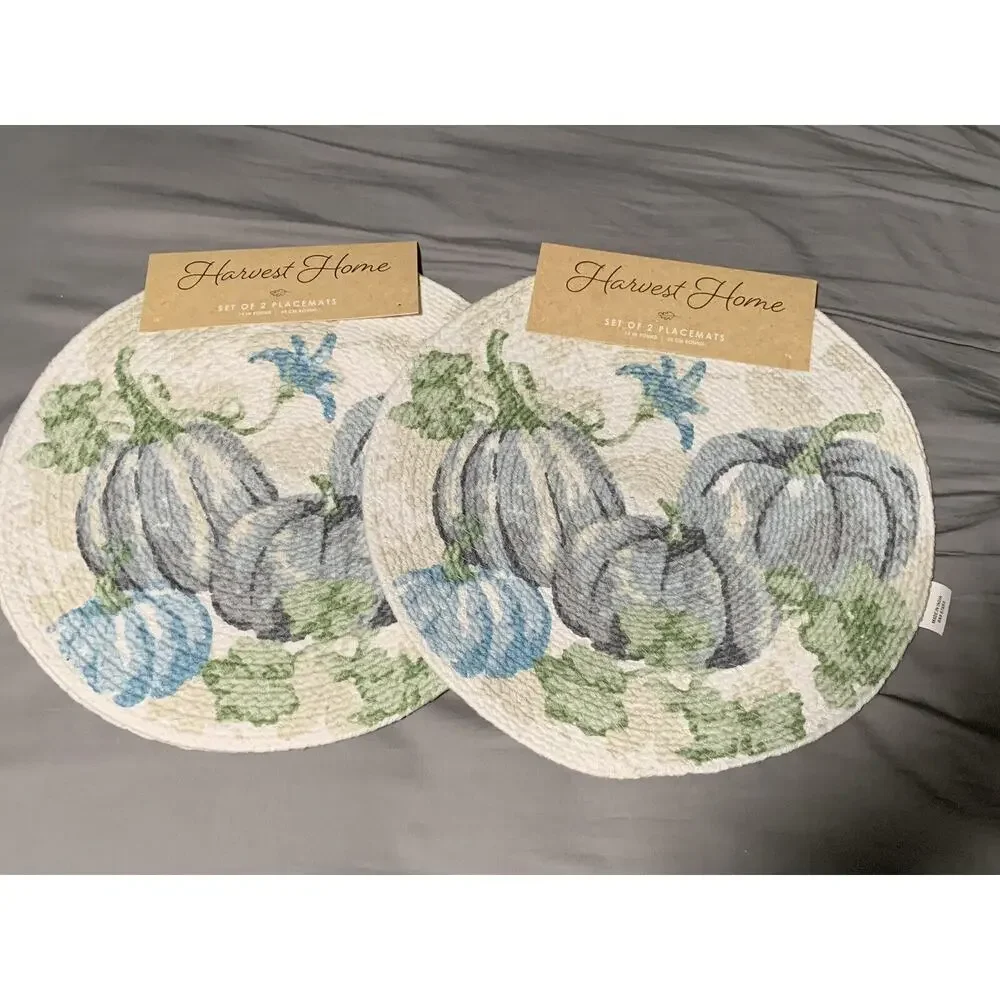 Set of 2 Placemats (4 Total) Harvest HOME Fall Leaves PUMPKIN Shaped 15